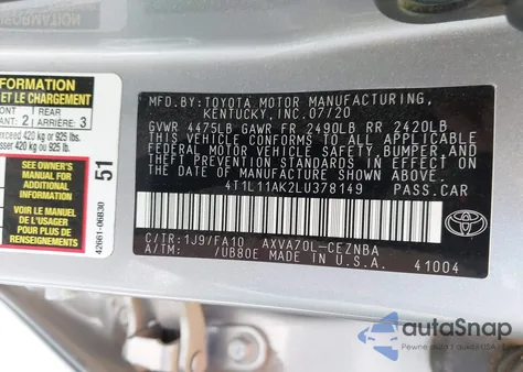 2020 Toyota Camry Le из США, поврежденный, VIN 4T1L11AK2LU378149